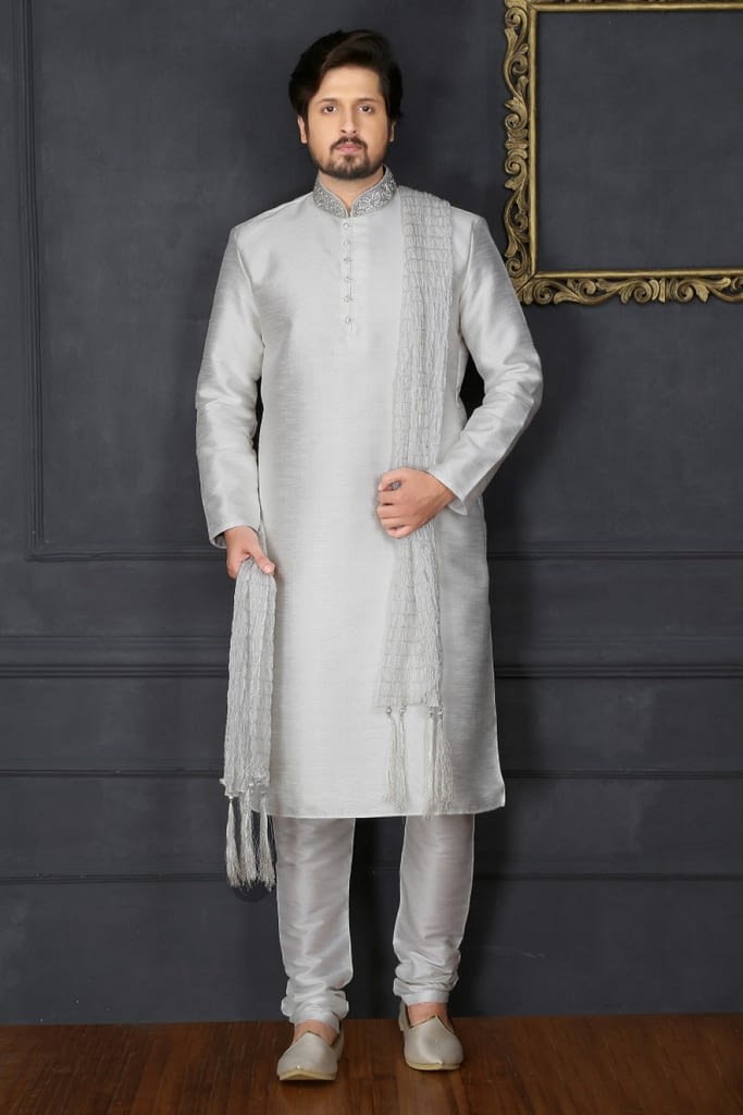 Diwali Wear Off White Art Banarasi Silk Ethnic Wear Readymade Kurta Payjama - Shopkund