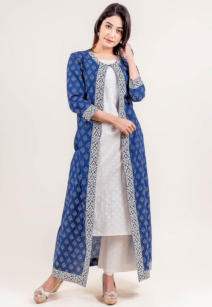 White kurti With Blue Jacket Online - Shopkund