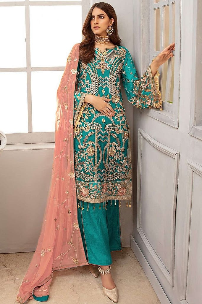 sky blue pakistani suit online - shopkund