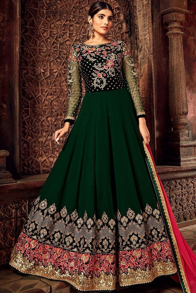 Dark green Georgette and velvet Anarkali Suits Online - Shopkund