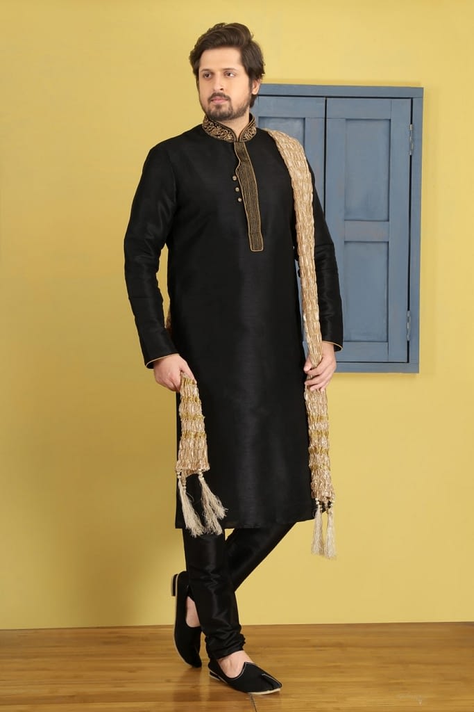 Diwali Wear Black Art Banarasi Silk Ethnic Wear Readymade Kurta Payjama - Shopkund