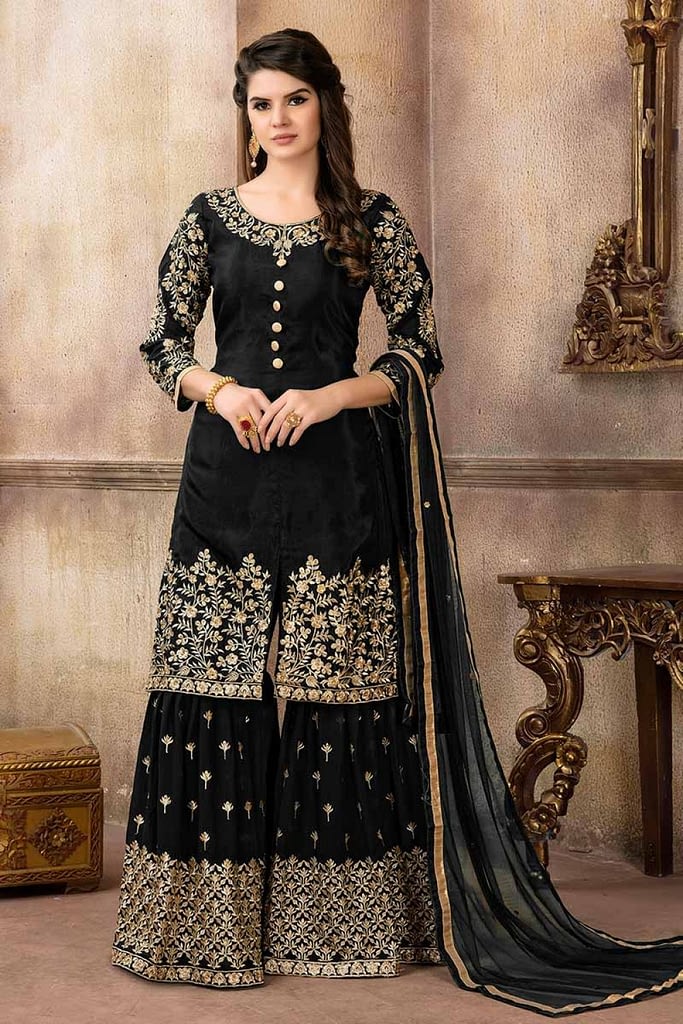 Yellow & Black Cotton Long Kurta With Palazzo Salwar Suits Online – Lady  India